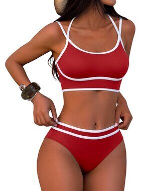 🔥 Red Sporty Bikini Set w/ White Trim | Size S | NWT 🔥